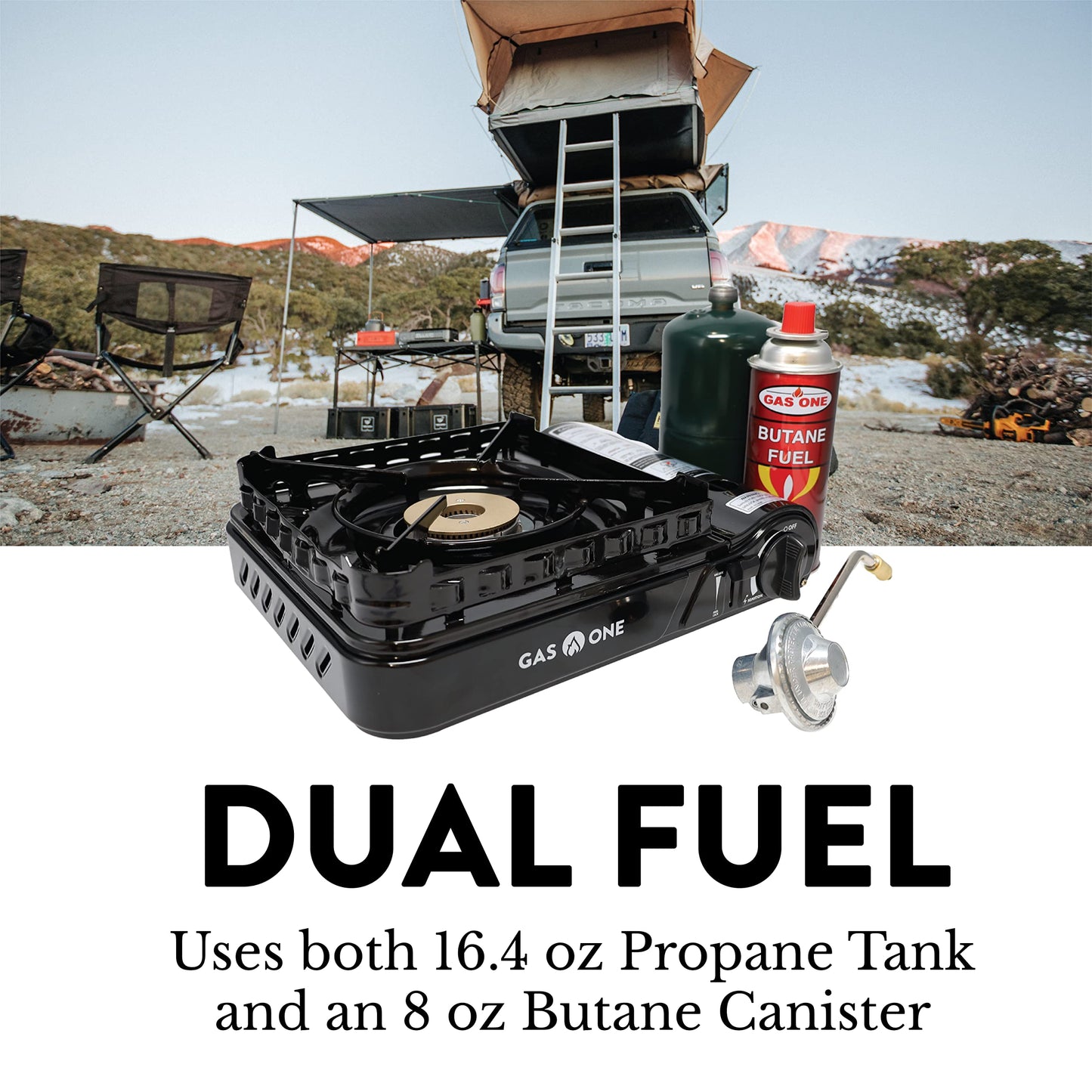 Gas One Dual Fuel Portable Stove 15,000BTU With Brass Burner Head, Dual Spiral Flame Gas Stove - Patent Pending | Gas One Aluminum 10 Plates Windscreen