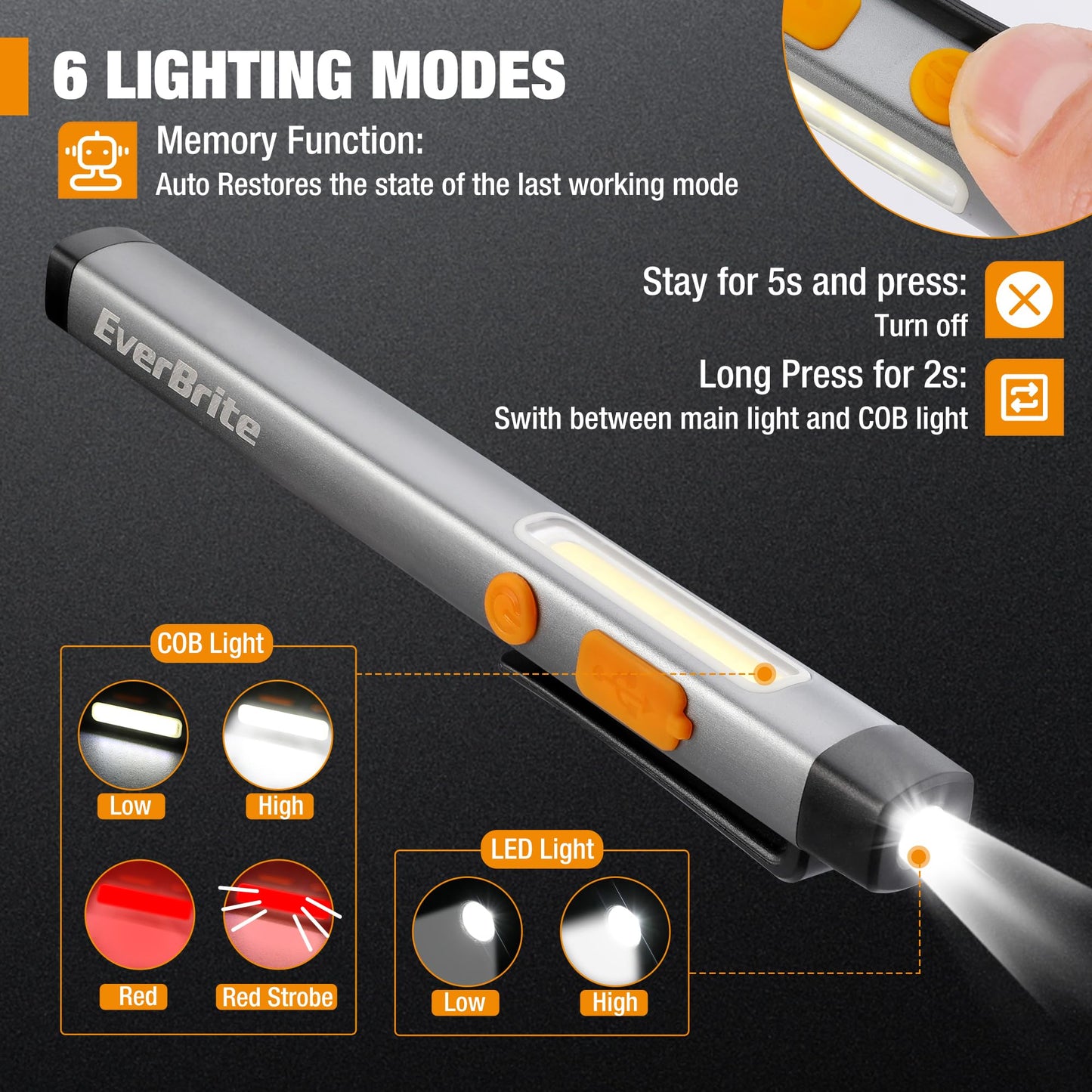 EverBrite Pen Flashlight, Rechargeable LED Pen Light, COB Light with White and Red Modes, Memory Function, USB C Cable, 6 Modes Pocket Light with Clip and Magnet, Waterproof, for Camping, Emergency