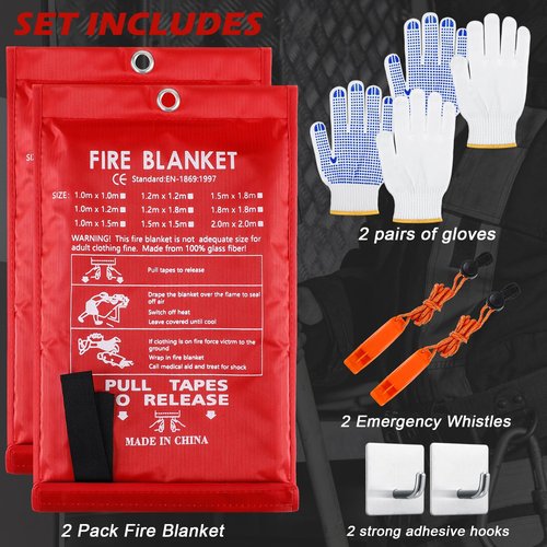 Copkim 2 Sets Emergency Fire Blanket for Home Fire Suppression Thermal Blankets with Emergency Whistles, Hooks and Gloves for Kitchen, Fireplace, Car, Office, 39.3" x 39.3"