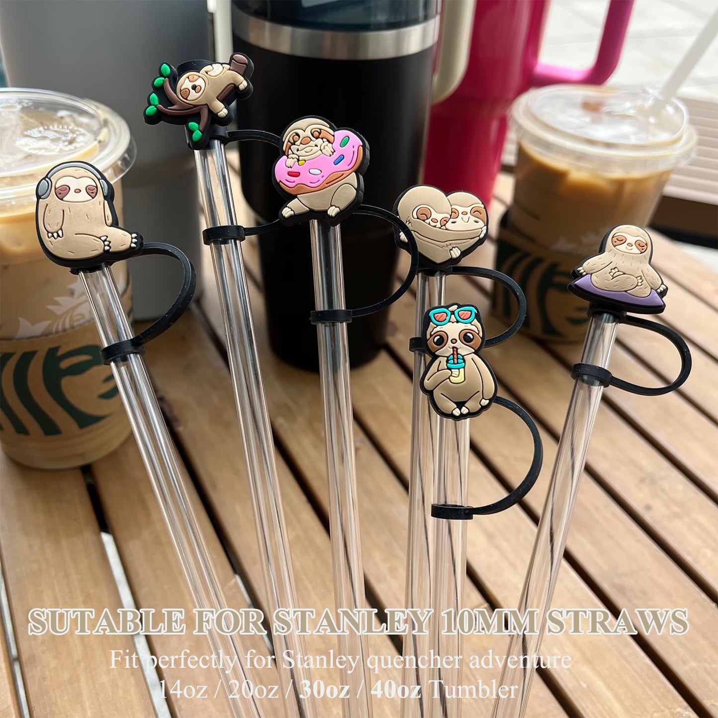 Amreich Sloth Straw Topper for Simple Modern, 6 PCS Silicone Straw Cover Cap for Hydro Flask Tumblers, Animal Silicone Dust-proof Straws Cap Accessories for Home Office Straws Cups