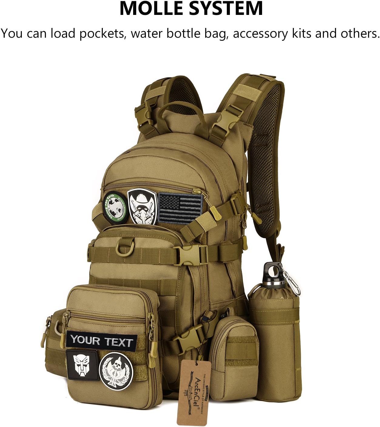 ArcEnCiel 25L Adult Tactical Motorcycle Cycling Backpack Pocket Molle Pack Helmet Holder(Patch&Rain Cover Included)