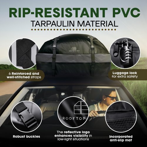 21 Cubic Feet Car Rooftop Soft Shell Cargo Carrier, 100% Waterproof - Car Storage for All Vehicle with/Without Racks - Attached Anti Slip Mat, Storage Bag, 6 Door Hooks and 6 Straps