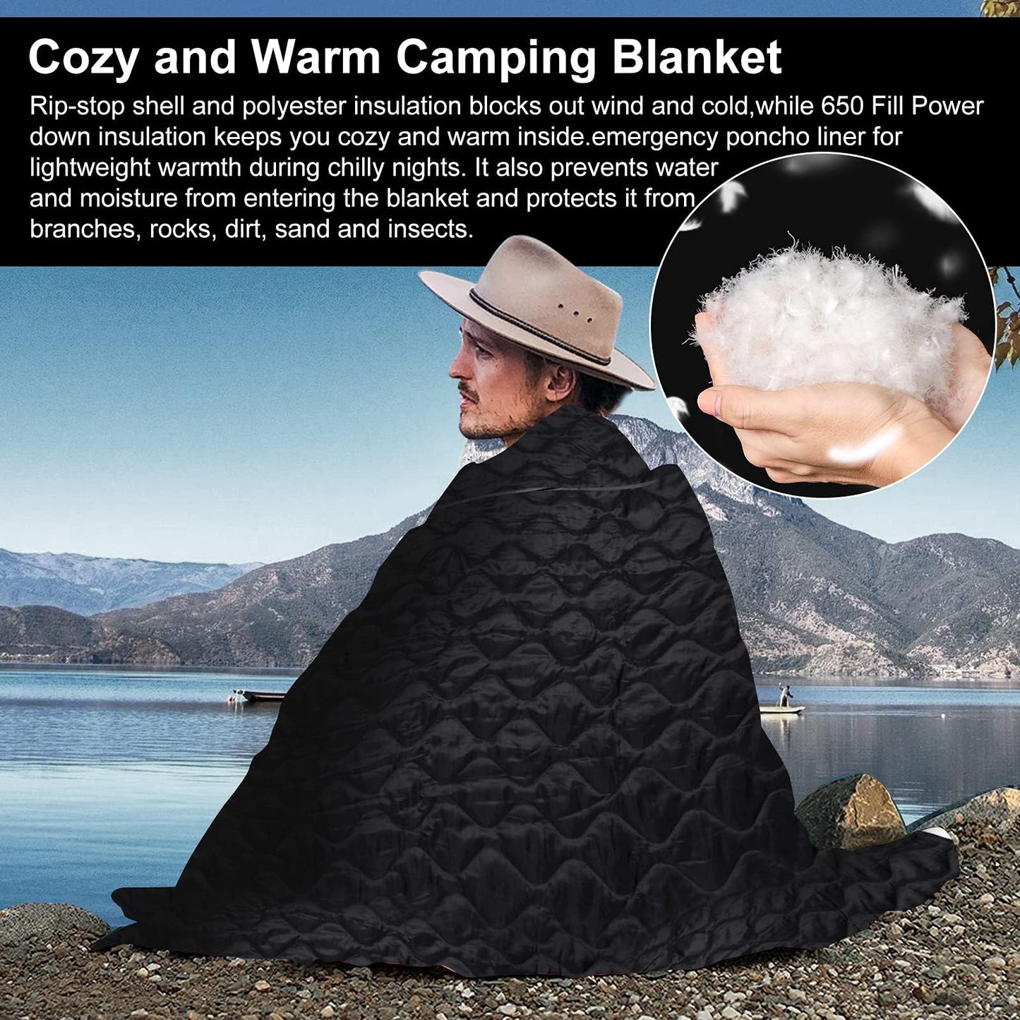 Military Woobie Blanket Thermal Insulated Poncho Liner Camping with Drawstring Carry Bag,Waterproof for Outdoor,Hiking (Black)