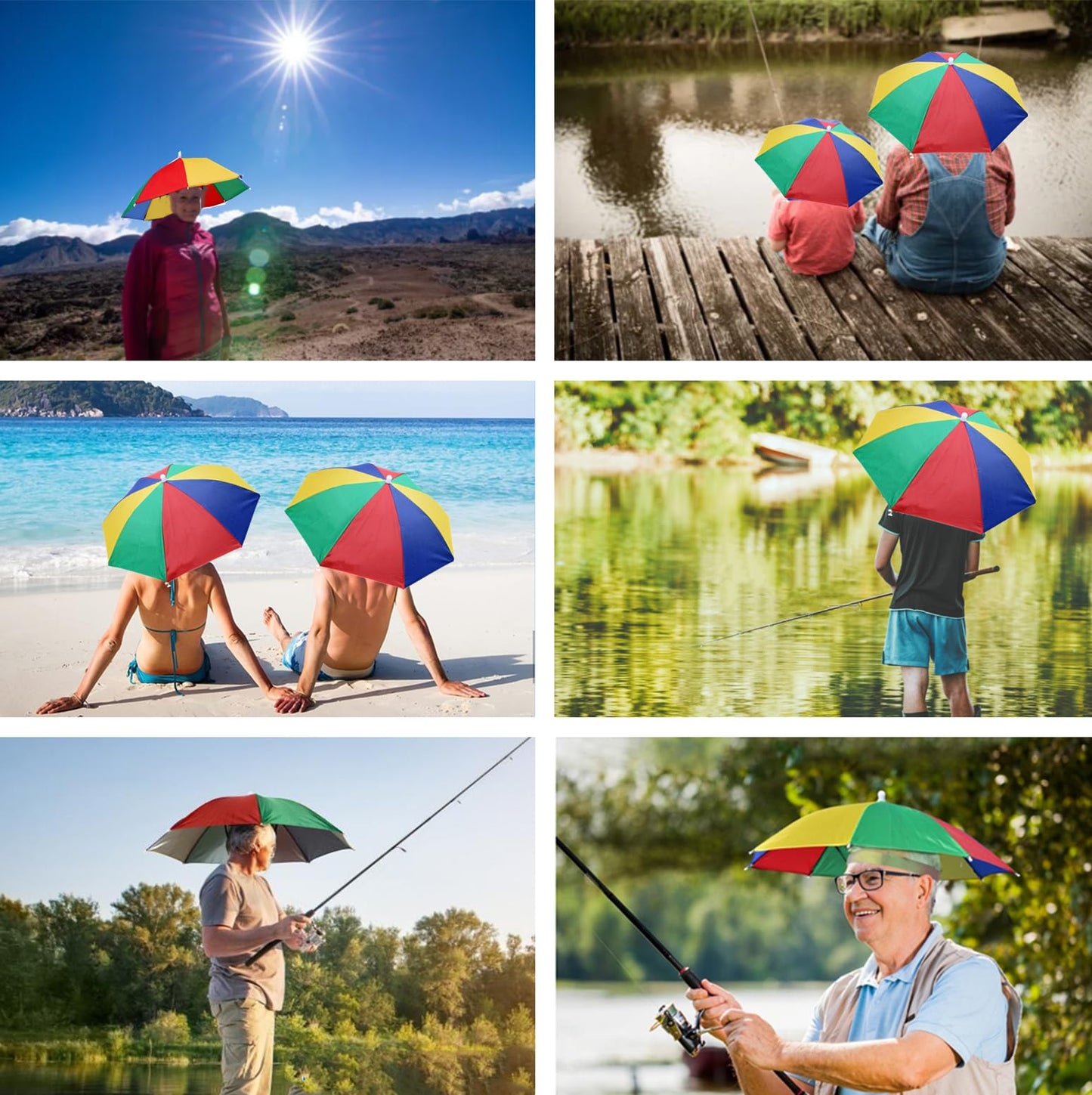 3 Pack Umbrella Hat for Adult, 26" Diameter Rainbow Sports Head Umbrella Hats for Women Men, Folding Waterproof Fishing Headwear for Outdoor Party Beach Hiking