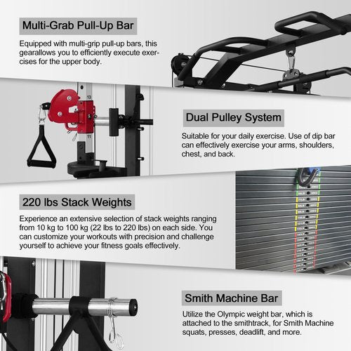 Fitness Dreamer All-in- One Strength Training Smith Cage, Squat Rack, Leg Hold-Down, LAT Pull-Down, 440 lbs Weight Stack for Home Gyms, Red, 86.61″Lx66.93″Wx87.80″H