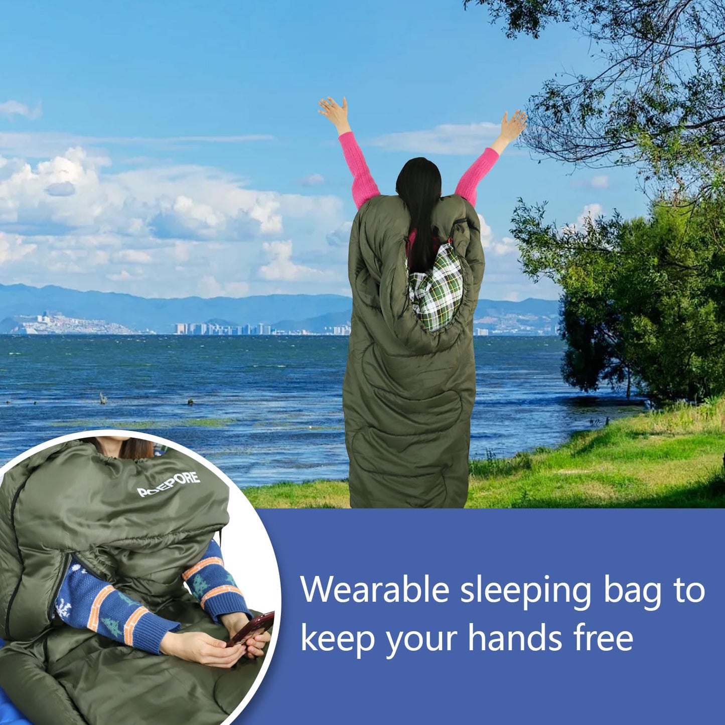 POEPORE Flannel Sleeping Bag Lightweight Warm Weather 3-4 Seasons for Adults XL Wearable Sleeping Bag Waterproof with Compression Sack Olive