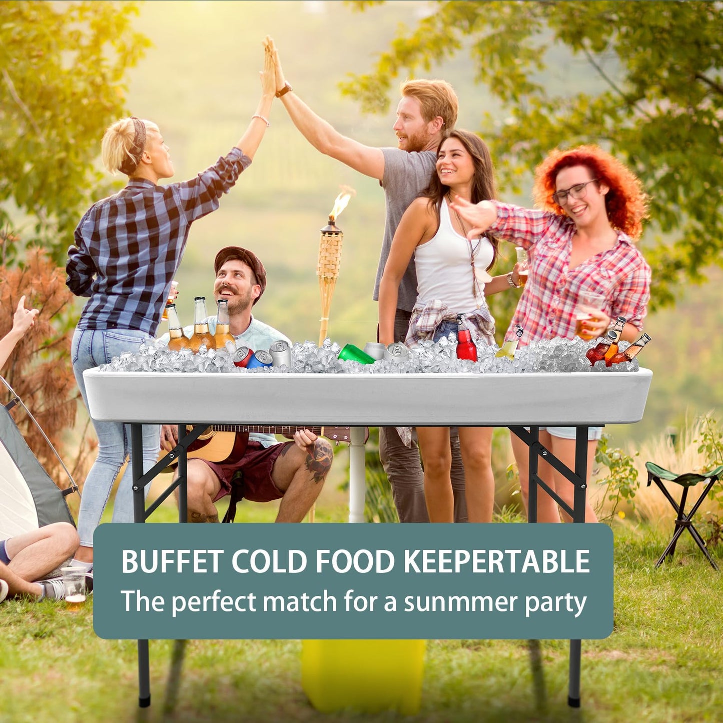 CAMP SOLUTIONS 4 Foot Bar Folding Ice Cooler Table with Drain, Portable Tailgate Camp Fishing Cleaning, Foldable Party Chilling Cooler Table Outdoor for Party,BBQ,Camping,Wedding