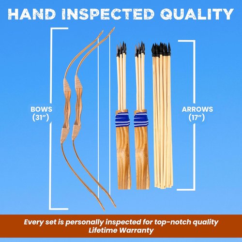 Adventure Awaits! - 2-Pack Handmade Wooden Bow and Arrow Set - 20 Wood Arrows and 2 Quivers - for Outdoor Play