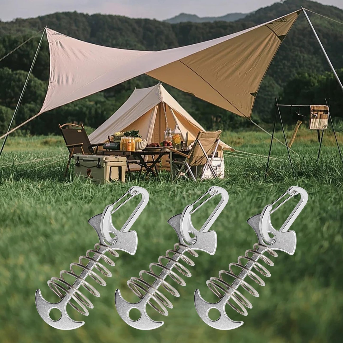 Zreneyfex 10 Pack Aluminum Tent Rope Tightener with Clips Cord Adjuster Tensioners Tents Tensioner Outdoor Camping Accessoriness Deck Anchors Pegs with Carabiners (Sliver)