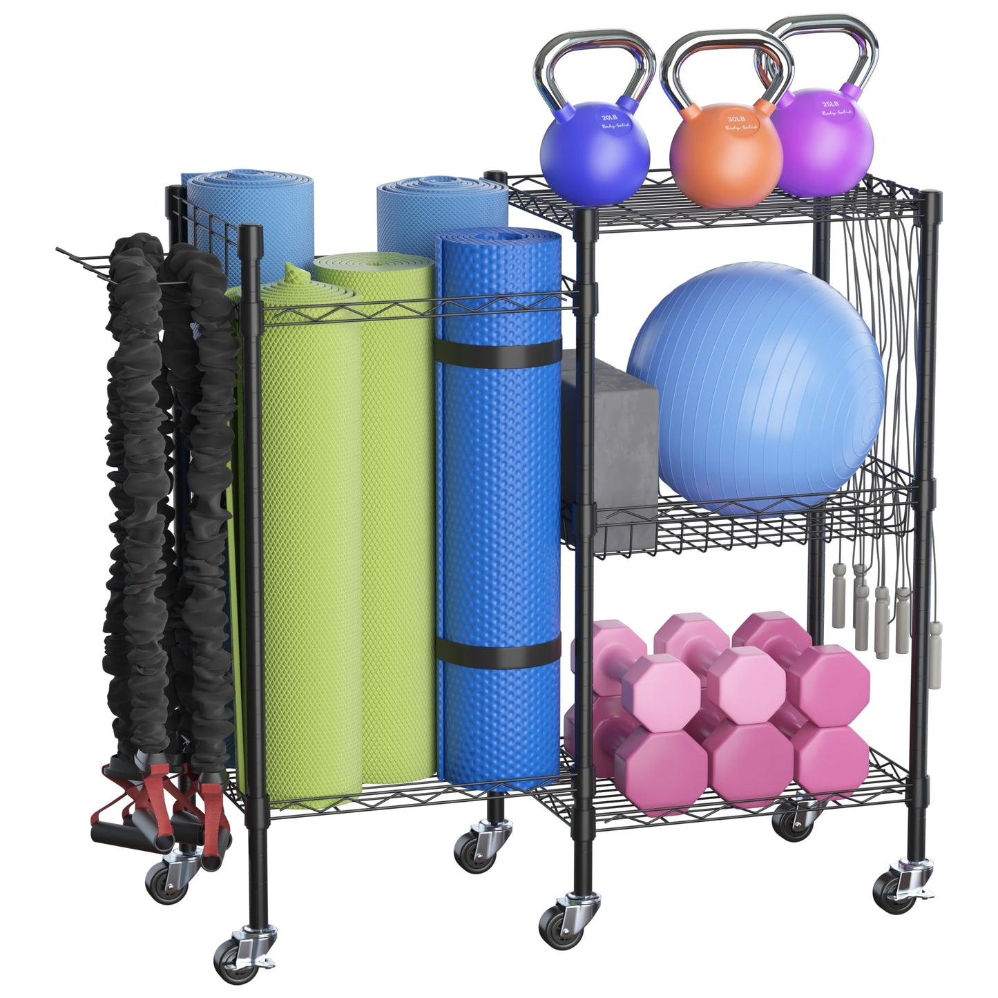 lesolar Rolling Yoga Mat Storage Rack, Yoga Storage Organizer for Home Gym Storage, 3 Tiers Gym Equipment Rack for Straps Dumbbells Kettlebells Foam Rollers Light Hand Weights Resistance Bands