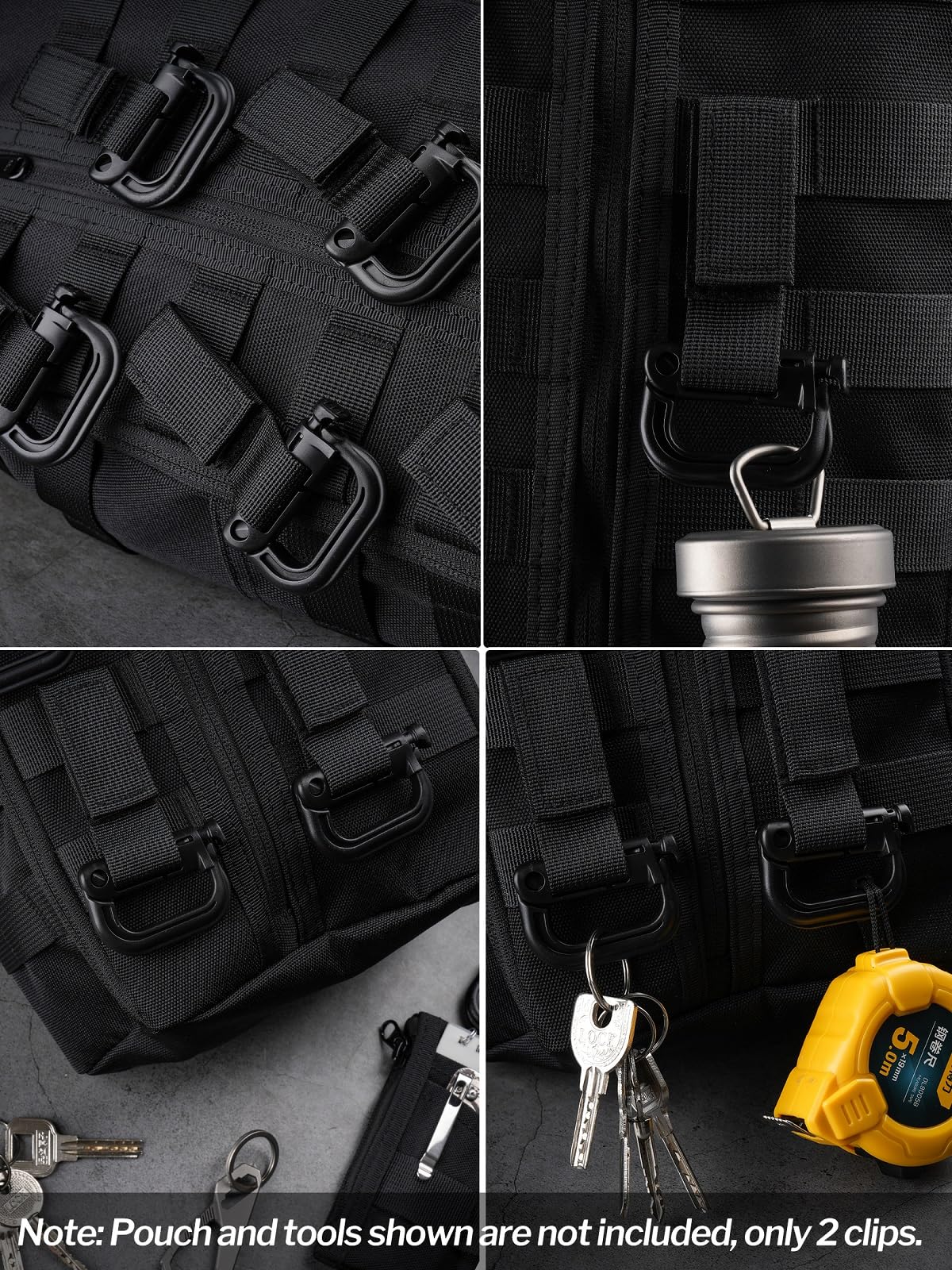 VIPERADE VAB3 2-Pack Tactical Molle D-Ring, Molle Belt Clip Key Buckle, Tactical Nylon Webbing Buckle for Molle Bags, Webbing Attachment Strap, Backpack Accessories (Black)