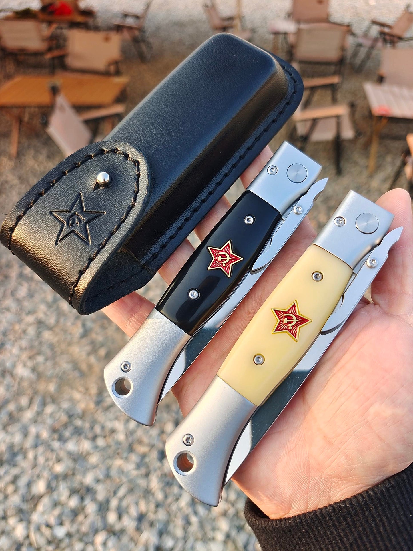 Russian Finka-NKVD KGB Folding Pocket Knife,3.74" Mirror Polished X12M Steel Blade,Aviation Aluminum Inlaid Resin Handle,Cowhide Sheath (Black handle)