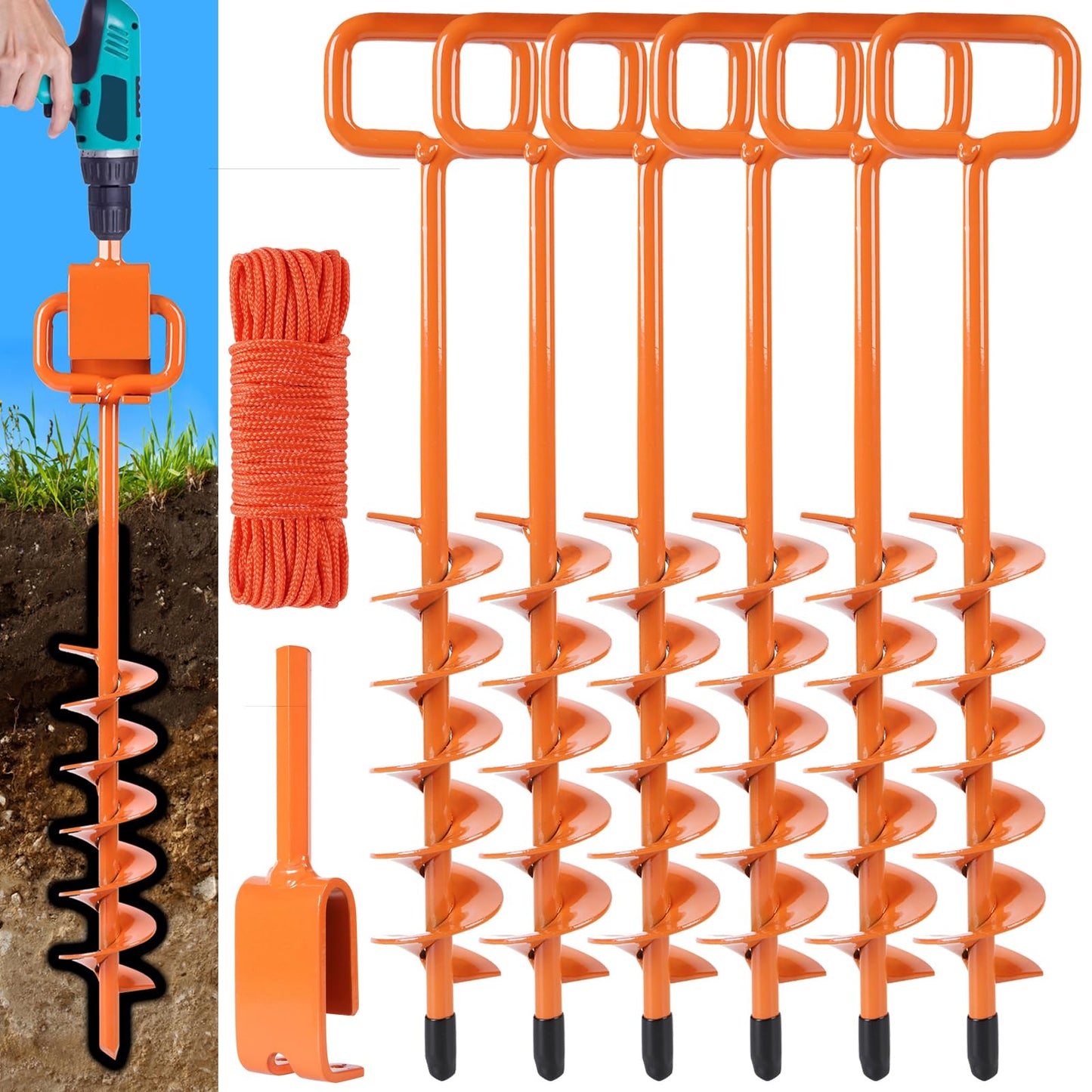 2025 Heavy Duty Ground Anchors Screw in - Tent Stakes Heavy Duty, Orange Spiral Stakes for Trampoline, Camping & Hard Ground, Mobile Home Anchors (6PCS,15in)