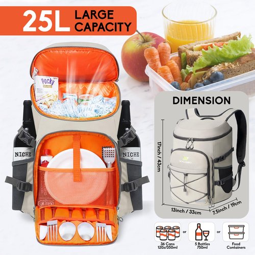 N NEVO RHINO Backpack Cooler, 36 Cans, Light Gray, Nylon, Insulated, Waterproof, Leakproof, Large Capacity, Multiple Pockets, 1.85 lbs