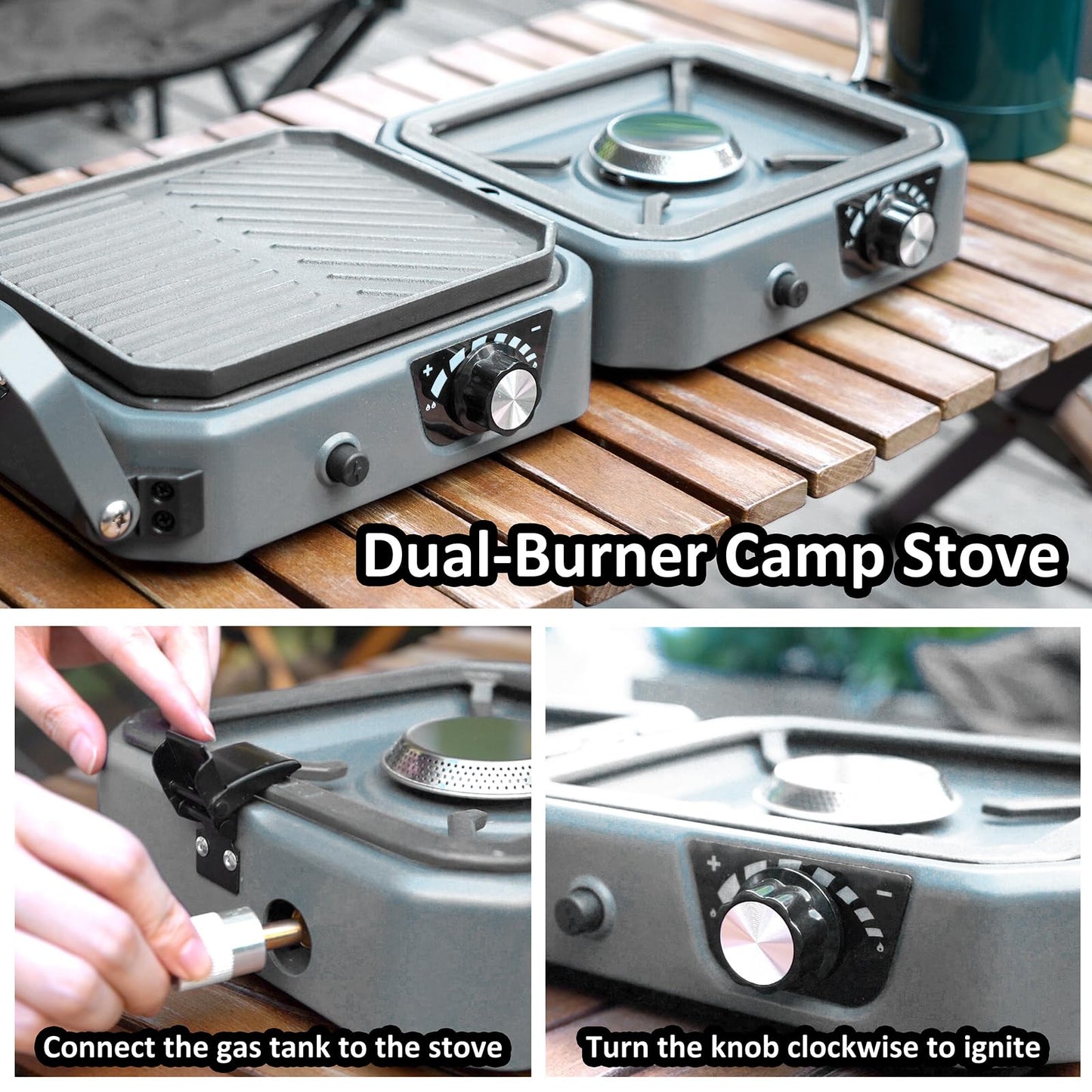 2 Burner Propane Camping Stove with Grill - CloudHand Foldable Camp Stove with 16,000 BTU, Two Adjustable Burners with Piezo Ignition & Easy Carrying Handle Grey