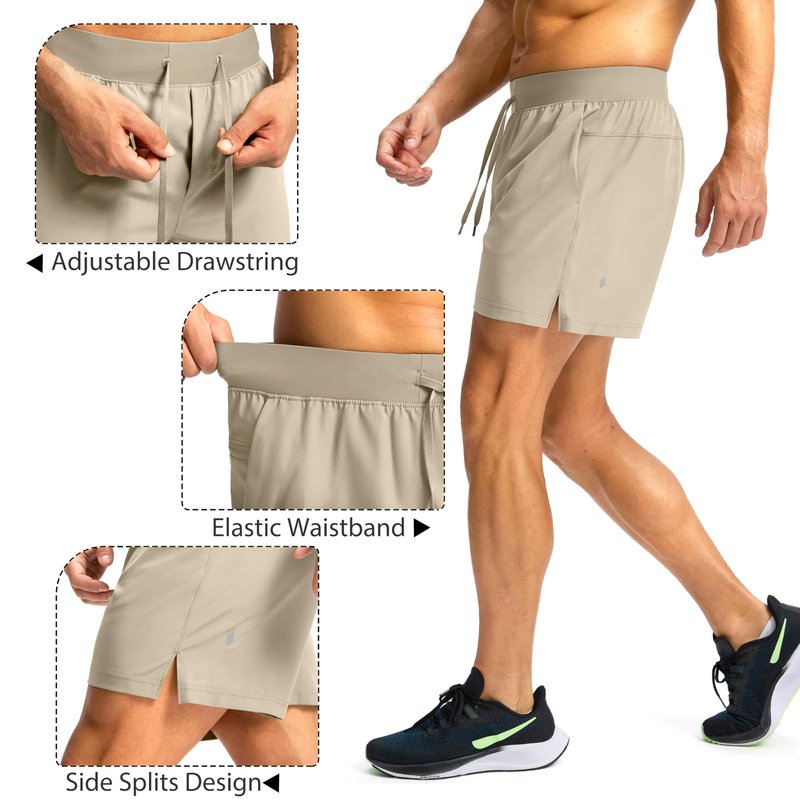 Soothfeel Men's Running Shorts with Zipper Pockets 9"/ 7"/ 5" Lightweight Quick Dry Basketball Gym Workout Athletic Shorts for Men (Khaki, S)