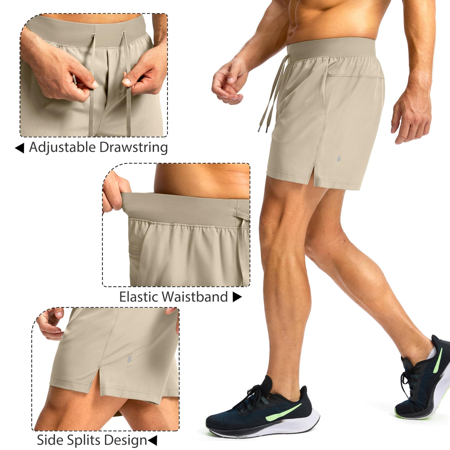 Soothfeel Men's Running Shorts with Zipper Pockets 9"/ 7"/ 5" Lightweight Quick Dry Basketball Gym Workout Athletic Shorts for Men (Khaki, S)
