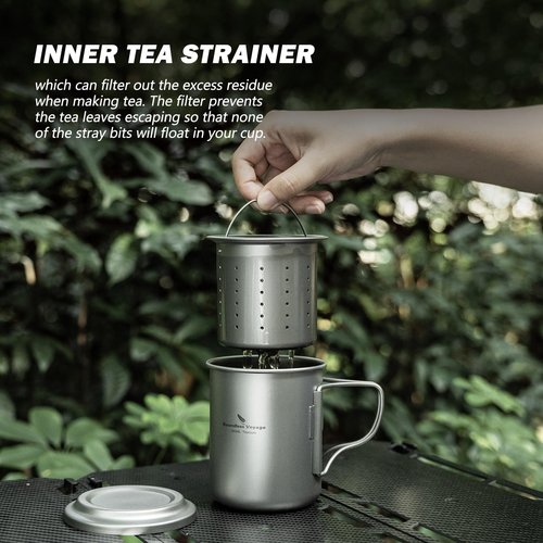 Boundless Voyage 450ml Titanium Cup with Tea Filter Folding Handles Outdoor Camping Ti Coffee Mug 15.2 fl oz Portable Lightweight Tea Maker