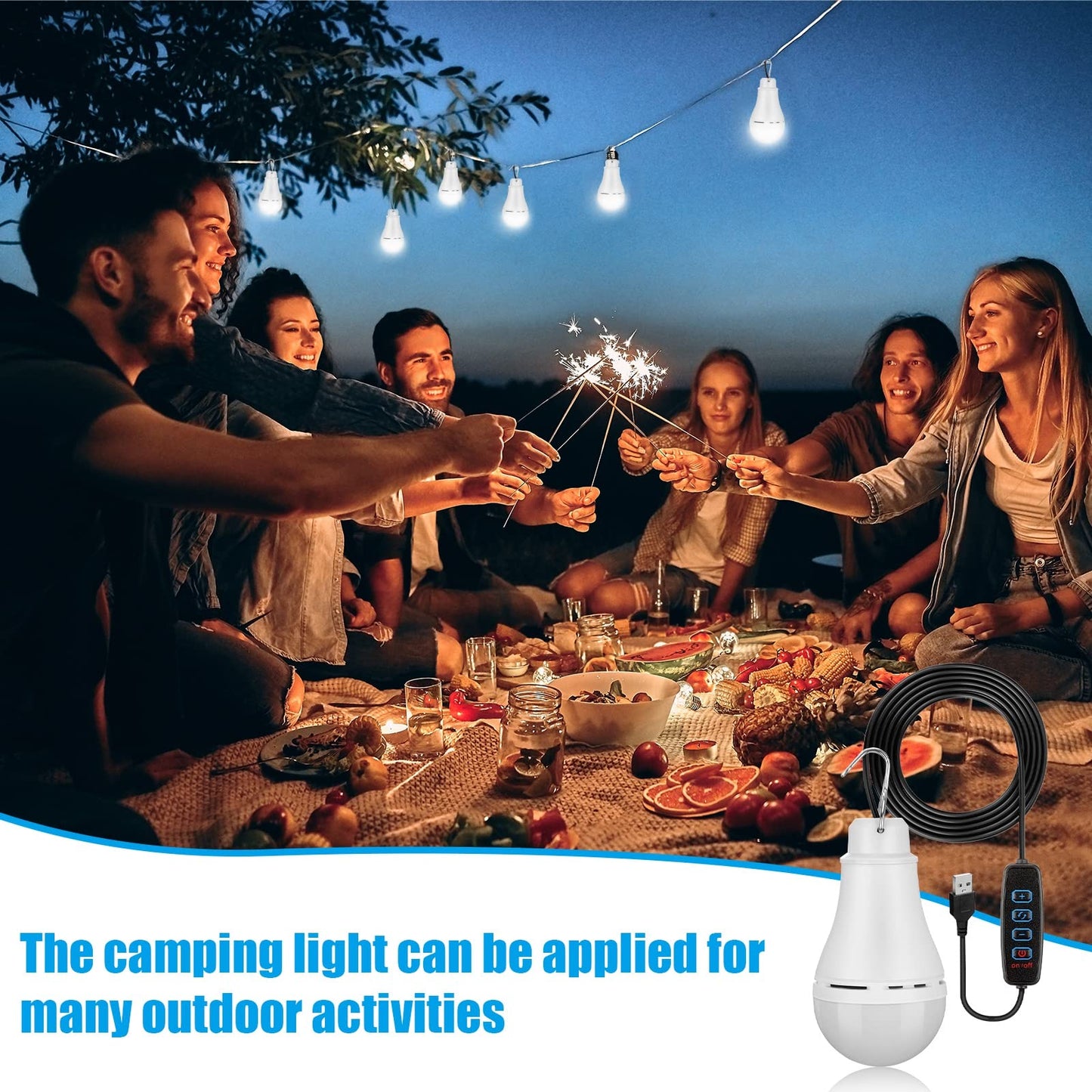 Kittmip 6 Pcs USB Light String LED Portable Light Bulb Rechargeable USB Strip Camping Lantern with Splitter Cable for Camping Porch Backyard Garage Warehouse Truck Fishing Boat
