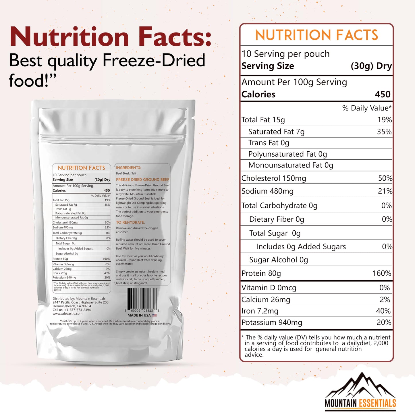 MOUNTAIN ESSENTIALS Freeze-Dried Ground Beef – Pre-Cooked and Ready-to-Eat Hamburger Meat | Everyday Meal Prep, Emergency Food Supply, Camping and Survival Food | 10 Servings per Pouch | Made in USA | 7-Year Shelf Life | Pack of 1