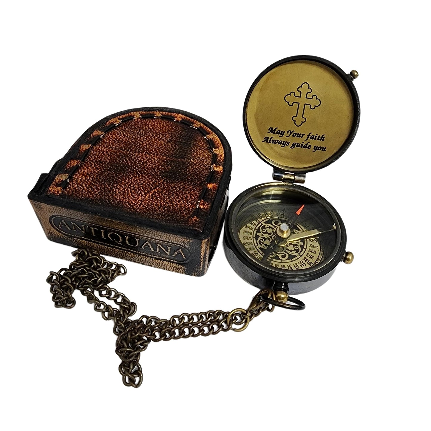ANTIQUANA Trust in The Lord Engraved Compass with Authentic Leather Case Brass Compass Directional Compass, Baptism Gifts for Boys & Girls, First Communion (May Your Faith withLeather case)