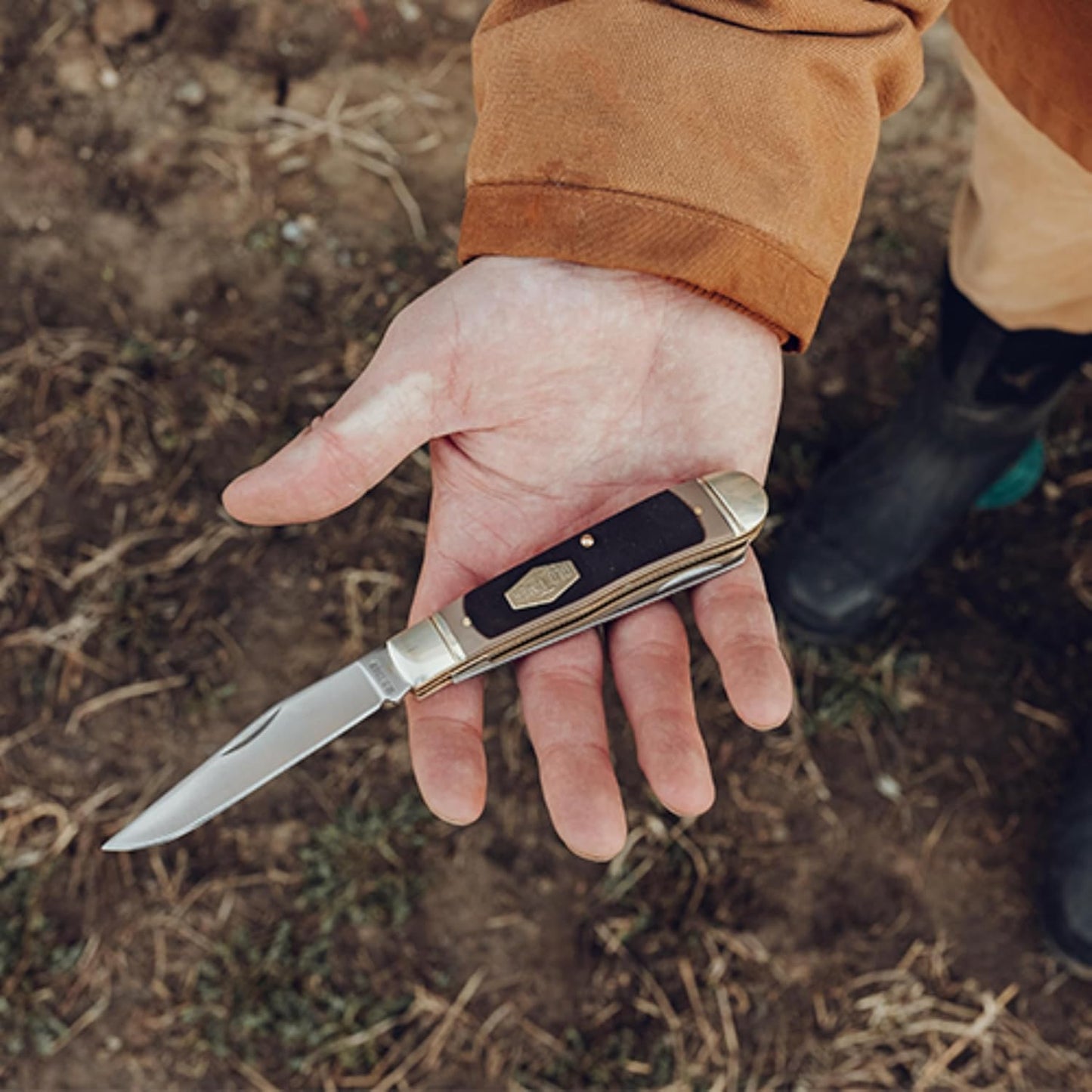 Old Timer 96OT Bearhead Trapper 7.4in Traditional Folding Pocket Knife with 2 High Carbon SS Blades, Sawcut Handle, Tweezers, and Convenient Size for EDC, Hunting, Camping, Whittling, and Outdoors