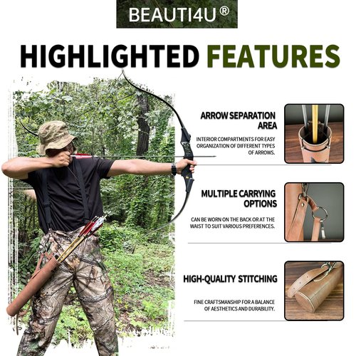 BEAUTI4U Leather Arrow Quivers - Quiver Arrow Holder - Traditional Bow Quiver - Leather Back Quiver with Reinforced Bottom Structure, Suitable for Beginners and Children (Natural Leather)