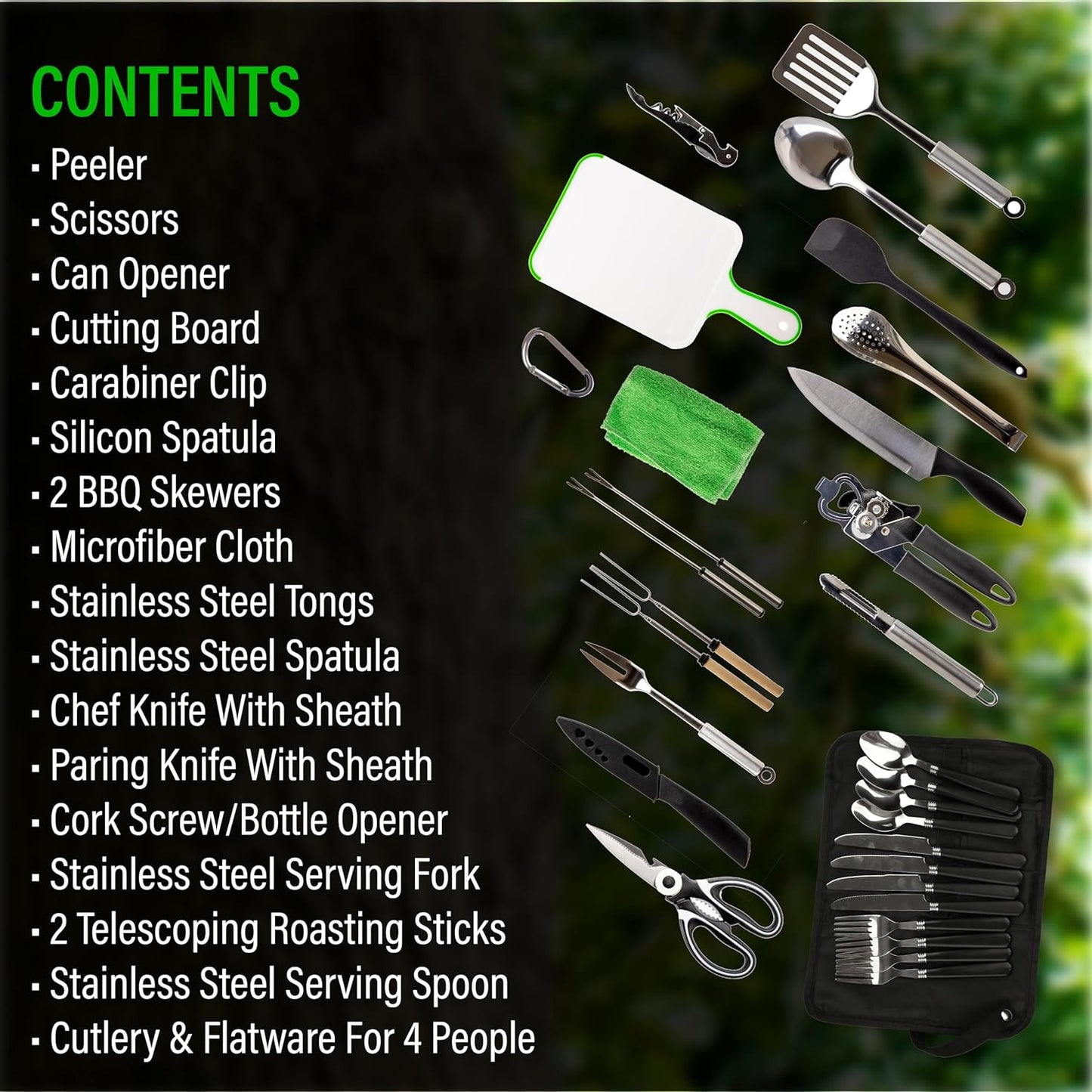 12 Pcs Camp Cooking Utensil Set & Outdoor Kitchen Gear Cookware Kit, Portable Compact Carry Case for Camping, Hiking, Travel, BBQ Grilling Stainless Steel Accessories Spoon & Fork, Navy