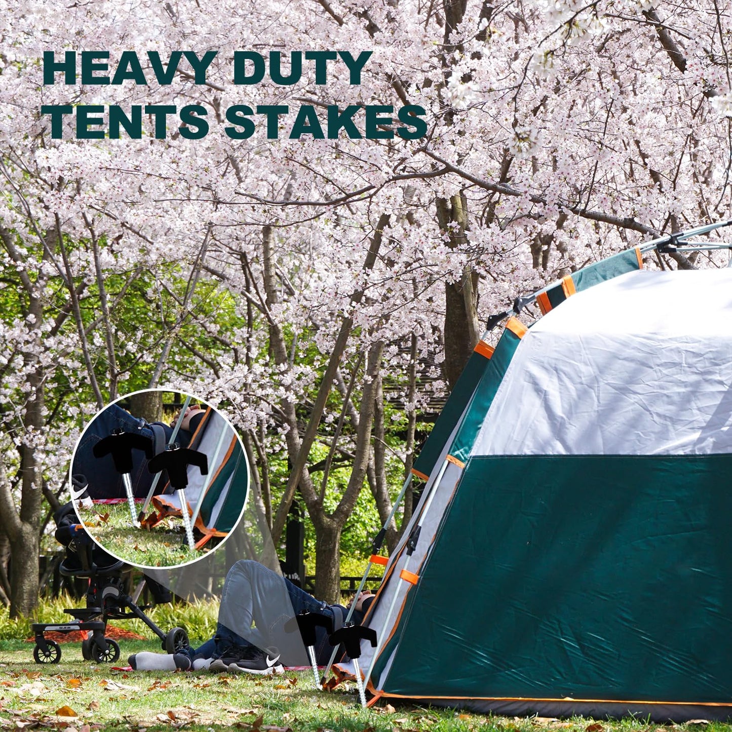 10PCS Screw in Tent Stakes Heavy Duty,8 Inch Screw in Tent Pegs,Metal Camping Stakes,with Hex Head Driver,Nail Lifter,Ropes,Camping Tent Accessories,Black