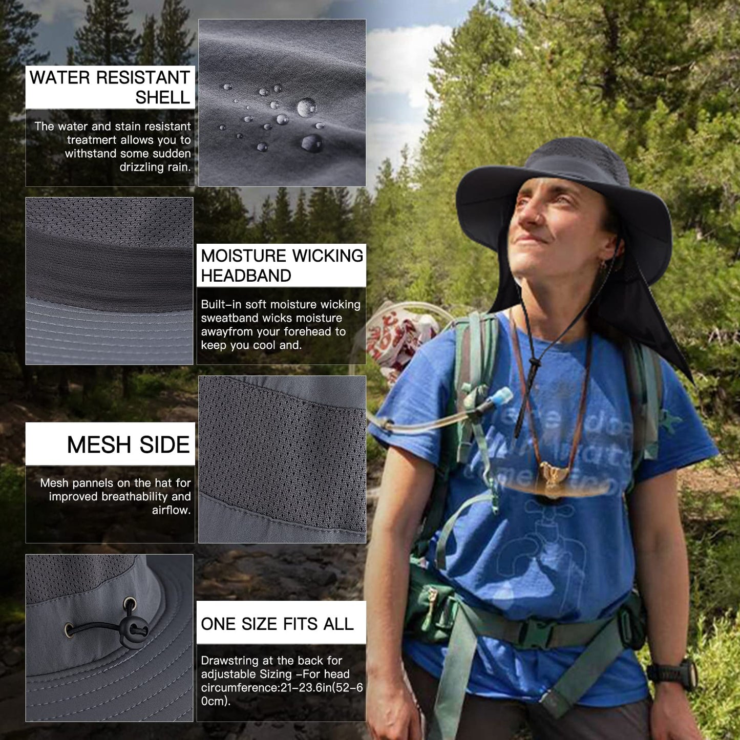 Sclzoed Fishing Hat for Men,Outdoor Sun Hat UPF52+ Mesh Wide Brim Fishing Hat with Neck Flap Navy Blue