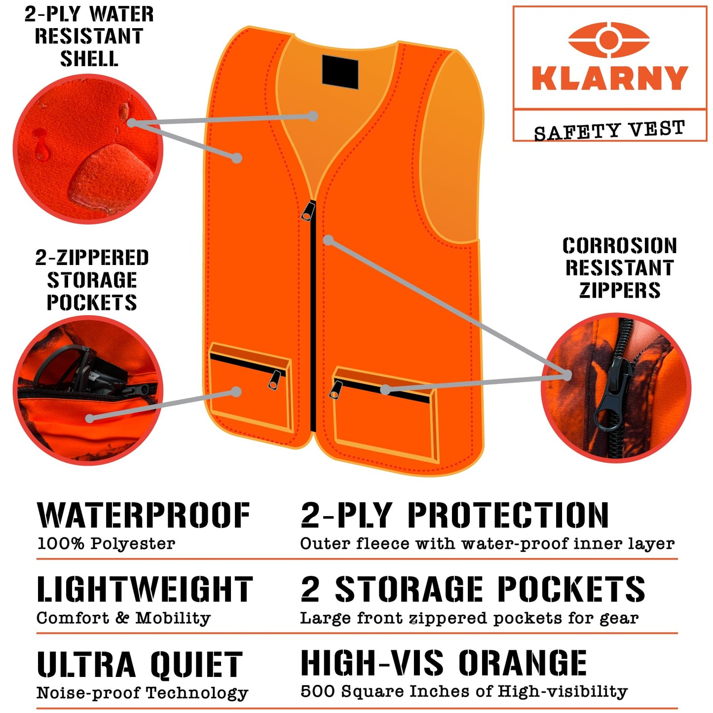 Klarny Outdoors Blaze Camo Orange Hunting Vest with Pockets - High Visibility, Waterproof, Ultra-Quiet Deer and Bow Gear Accessories, Size L