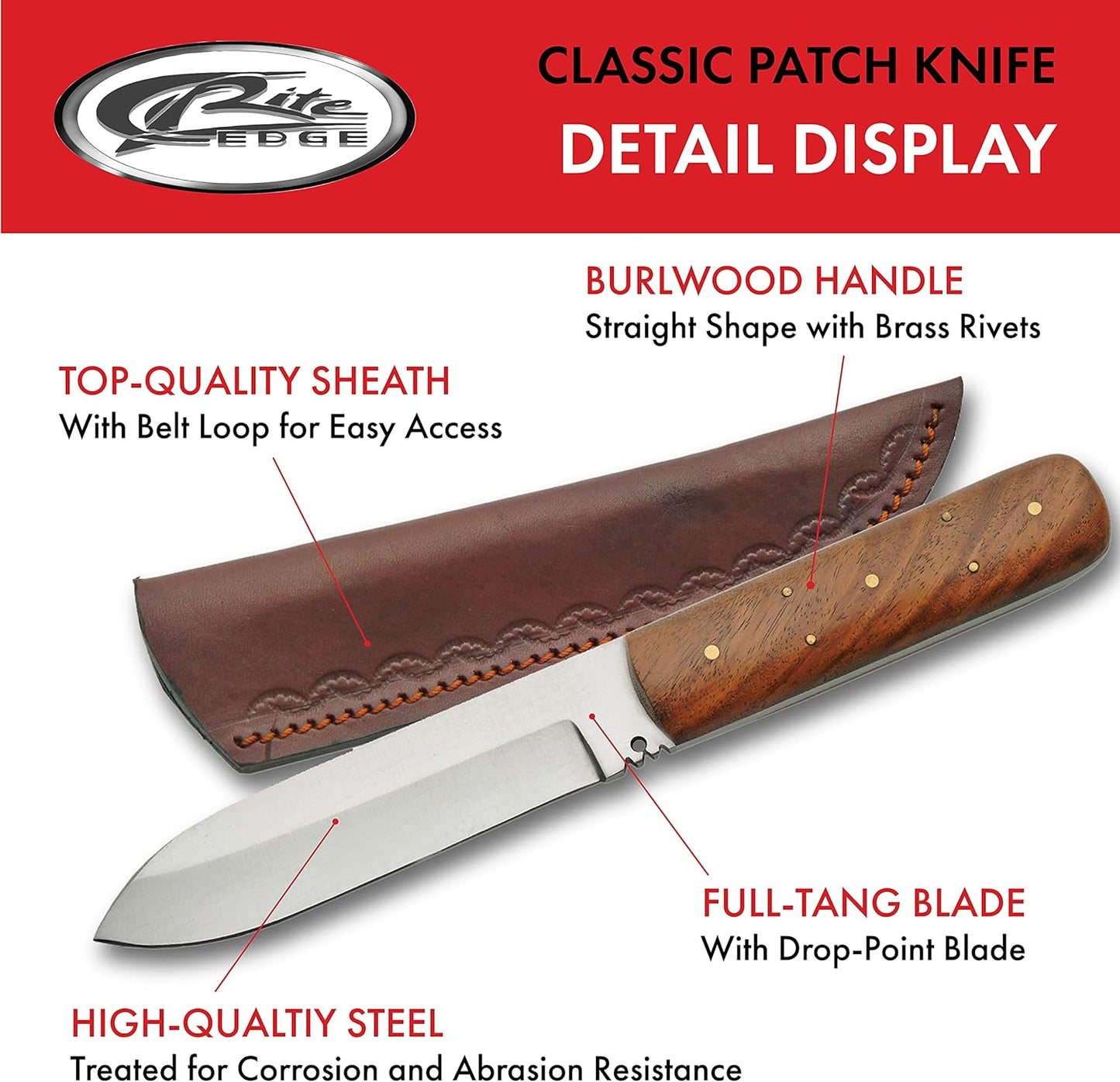 Szco Supplies 8.5” Classic Wood Handle Full-Tang Fixed-Blade Patch Knife with Leather Sheath,Brown