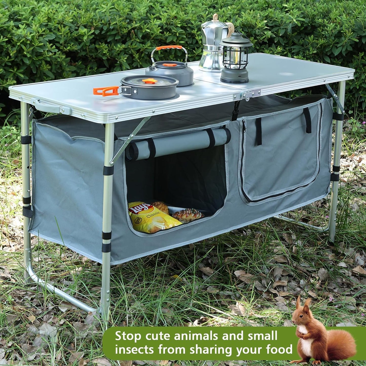 JOUYEK Camping Table, Folding Camping Table with Storage, Portable Kitchen Table, Lightweight, 3 Heights Adjustable Camping Furniture for BBQ, Picnic, Camping, Hiking, Beach, and Indoor