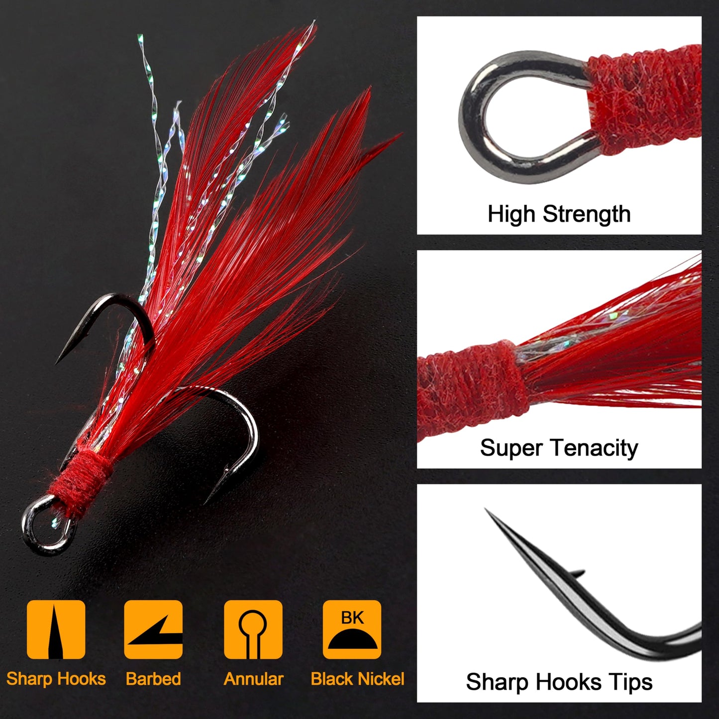 Fishing Treble Hooks Feather Hooks,50pcs Feathered Dressed Treble Hooks Kit Round Bend Treble Fishing Hooks Barbed Triple Fish Hooks for Catfish Lure Baits Saltwater Freshwater