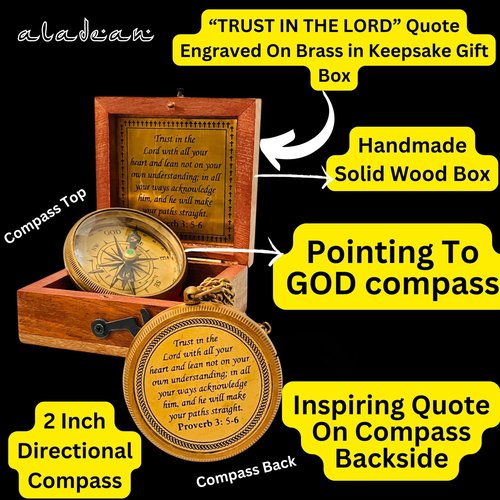 Trust in The Lord with All Your Heart -Proverbs 3: 5-6 Quote Engraved Compass Greeting Wood Box, Inspirational Gift, Baptism 2024 Graduation Day, (1 Trust in The Lord Compass)