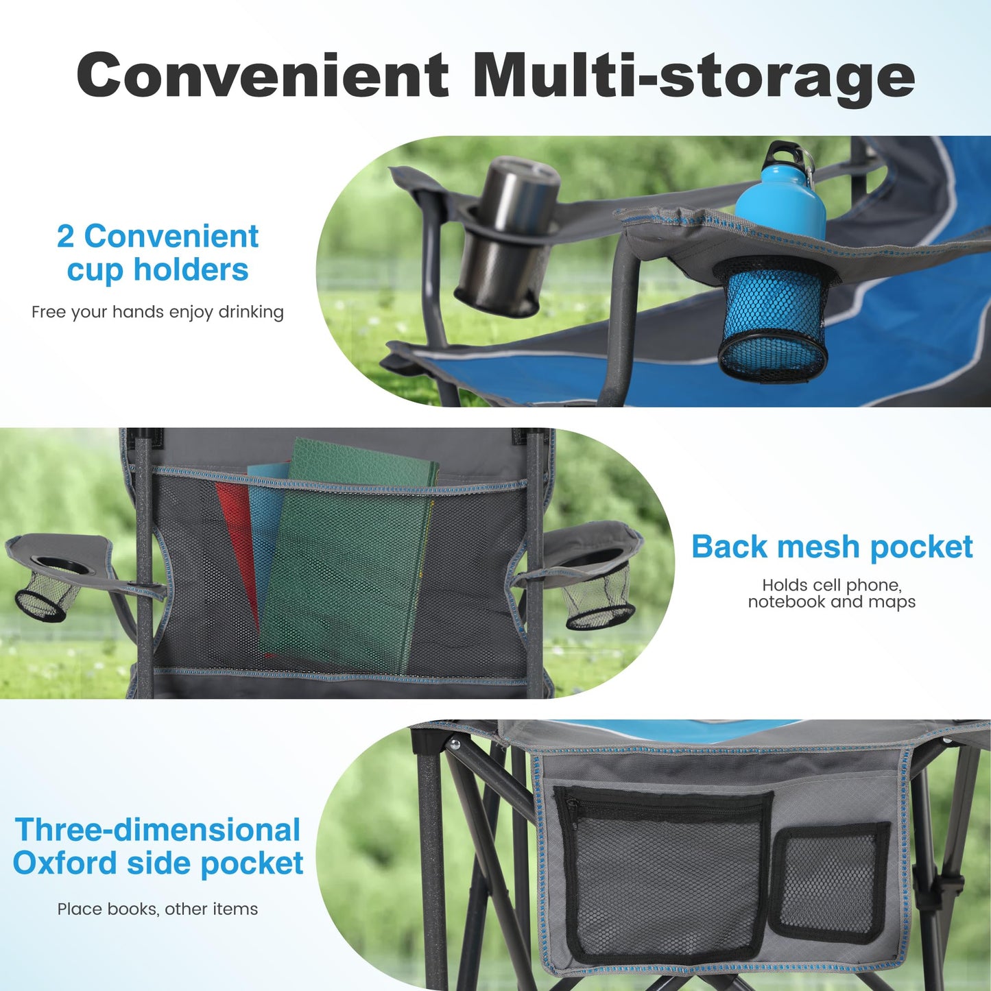 LET'S CAMP Oversized Outdoor Folding Camping Chair, 2 Pack Heavy Duty Arm Chairs with Cup Holder and Storage Bag, 350 LBS Weight Capacity, Blue