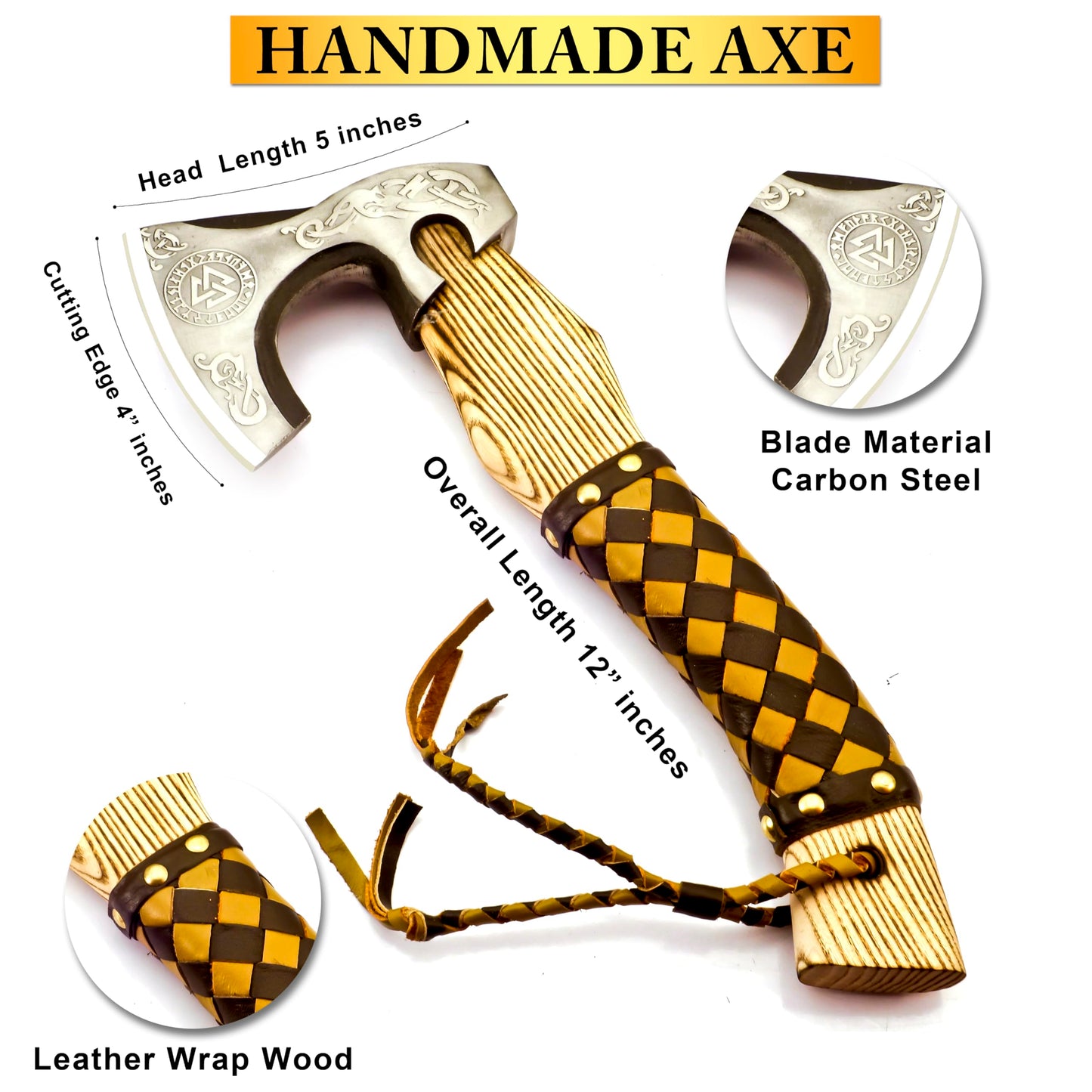 SIZZCO Custom Forged Carbon Steel Viking Style Bearded Axe - Real Hatchet, Throwing & Camping Axe with Leather Wrap Best Gift for Anniversary, Valentine's Day, Birthday with Premium Leather Sheath