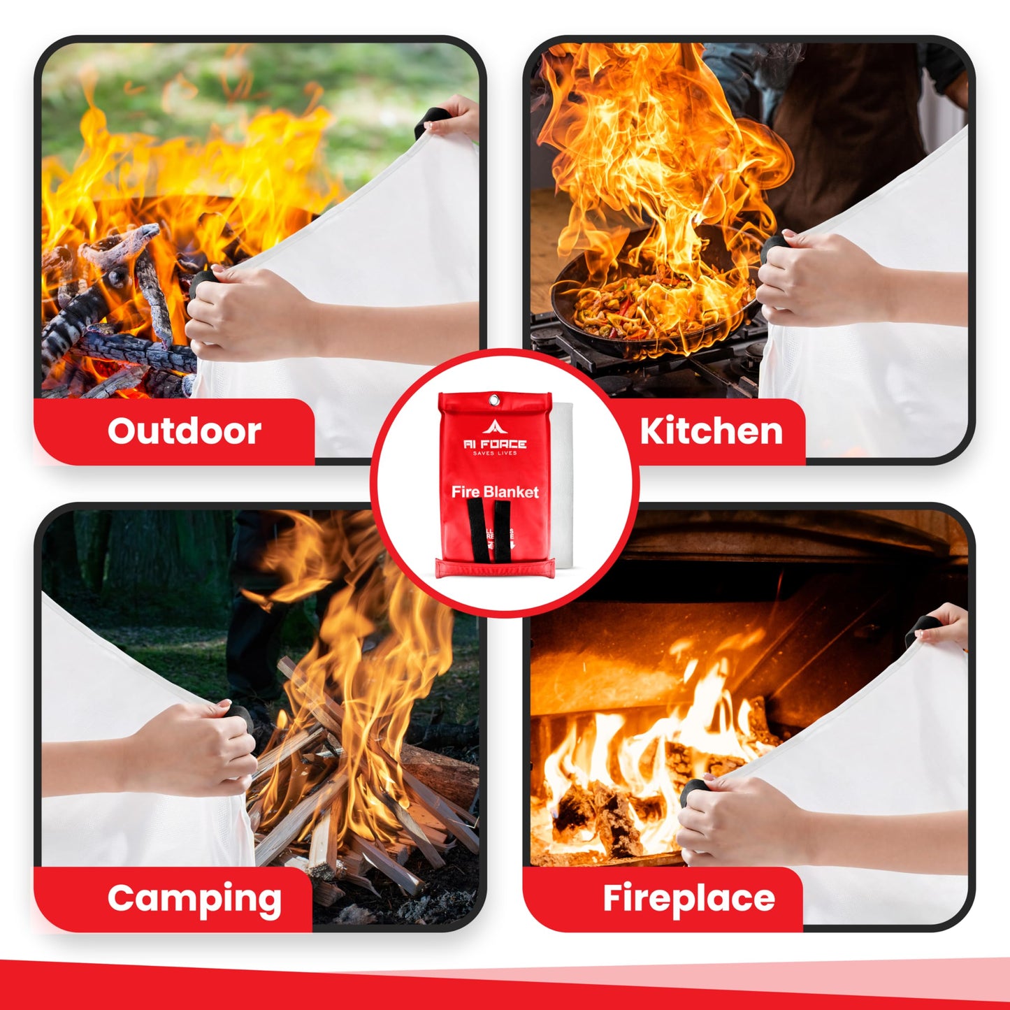 AI FORCE Fire Suppression Blanket (2-Pack, Fiberglass, Red) - Emergency Blanket with Gloves & Hooks for Home, Kitchen, Camping - High Heat Resistant, Reusable, No Expiry