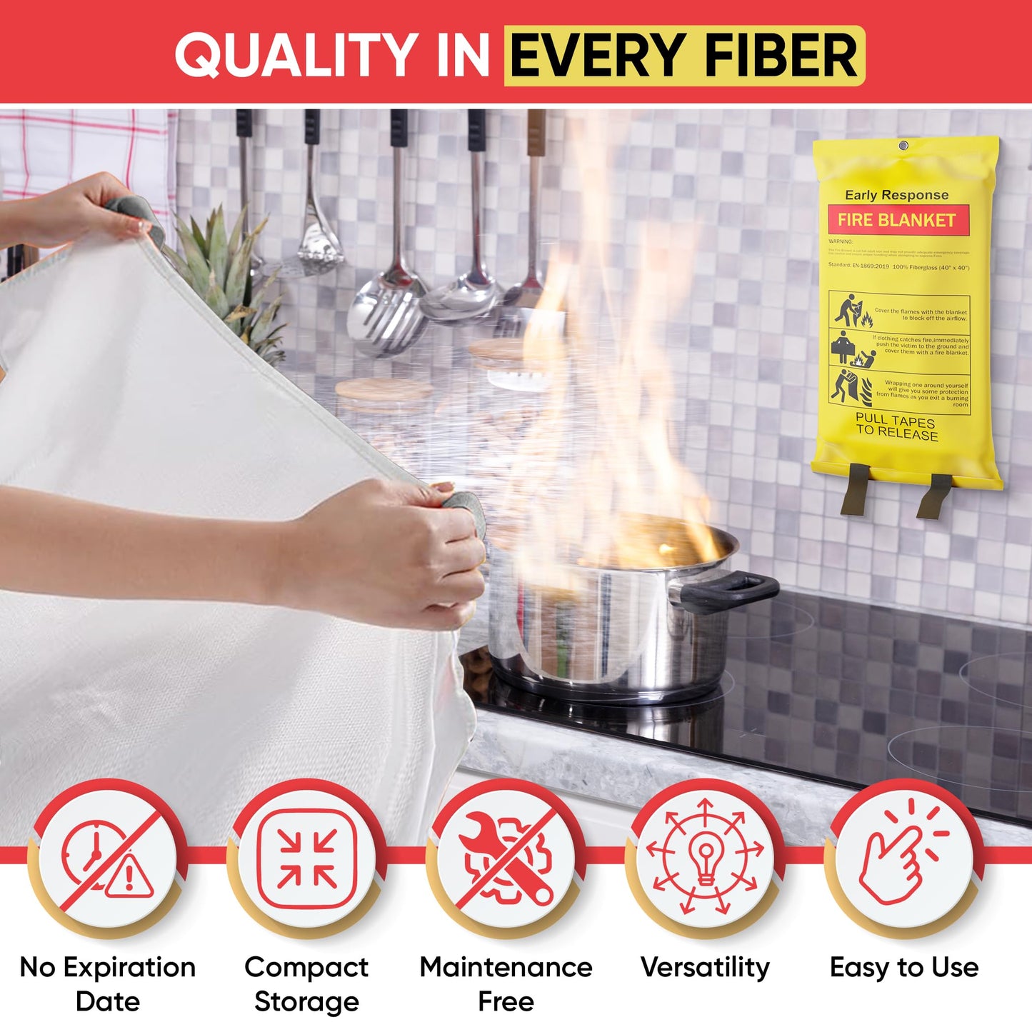 2 Pack Fire Blanket - Home and Kitchen Emergency Fire Blankets for Safety, Easy to Use for Fire Suppression & Kitchen Fires, Fiberglass Fire Blanket