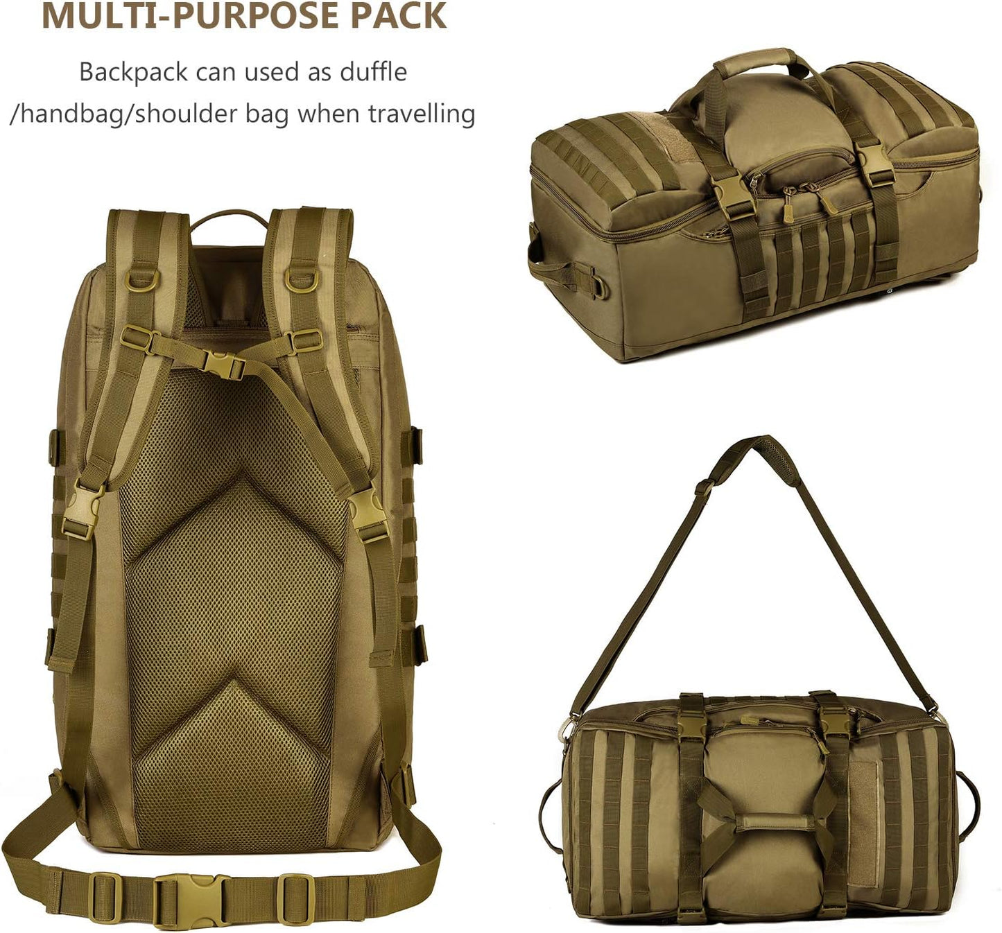 ArcEnCiel60L Outdoor Tactical Duffel Backpack Military Waterproof Suitcase Sport Luggage Hiking Camping Bag(Rain Cover+Patch)
