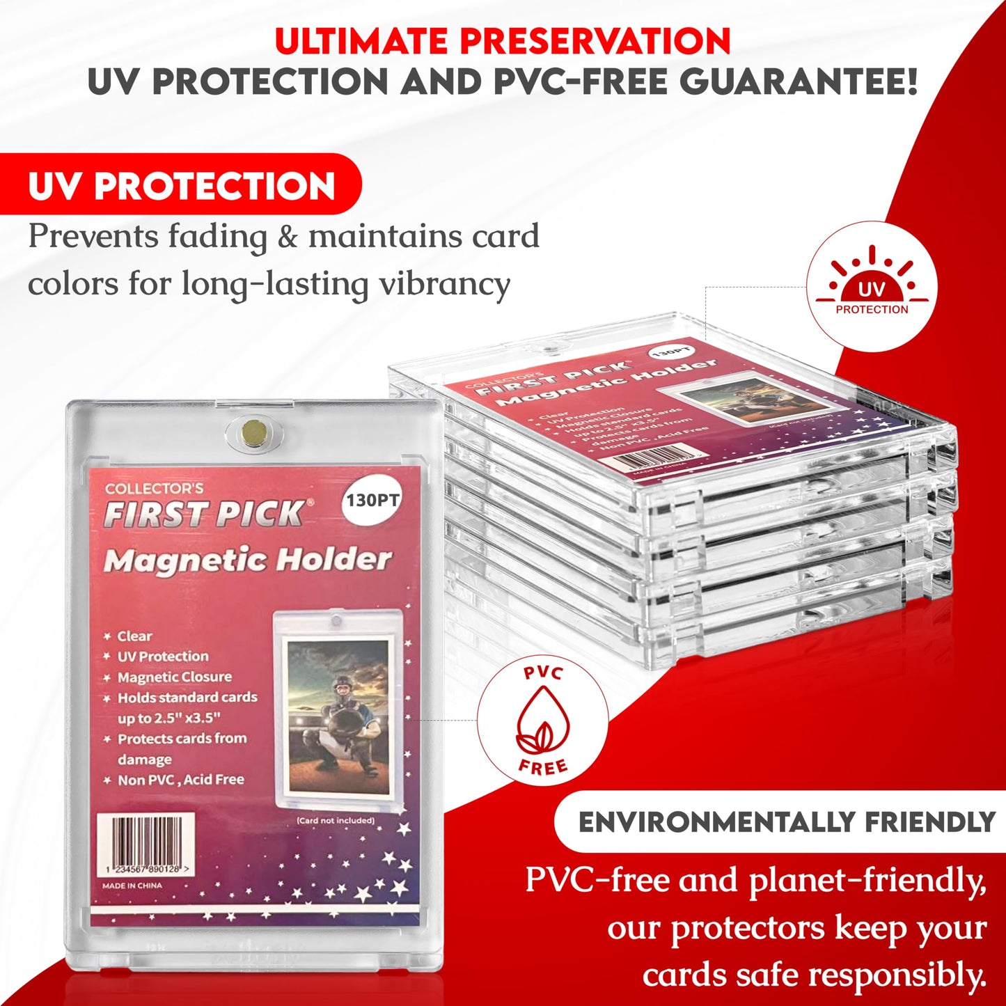 130PT (25) Premium One Touch Magnetic Card Holder UV Protection - Ultra Clear - PVC FREE - Thick Trading Card Holder Card Protector Magnetic Card Case For Trading Cards Sports Cards Holder Case
