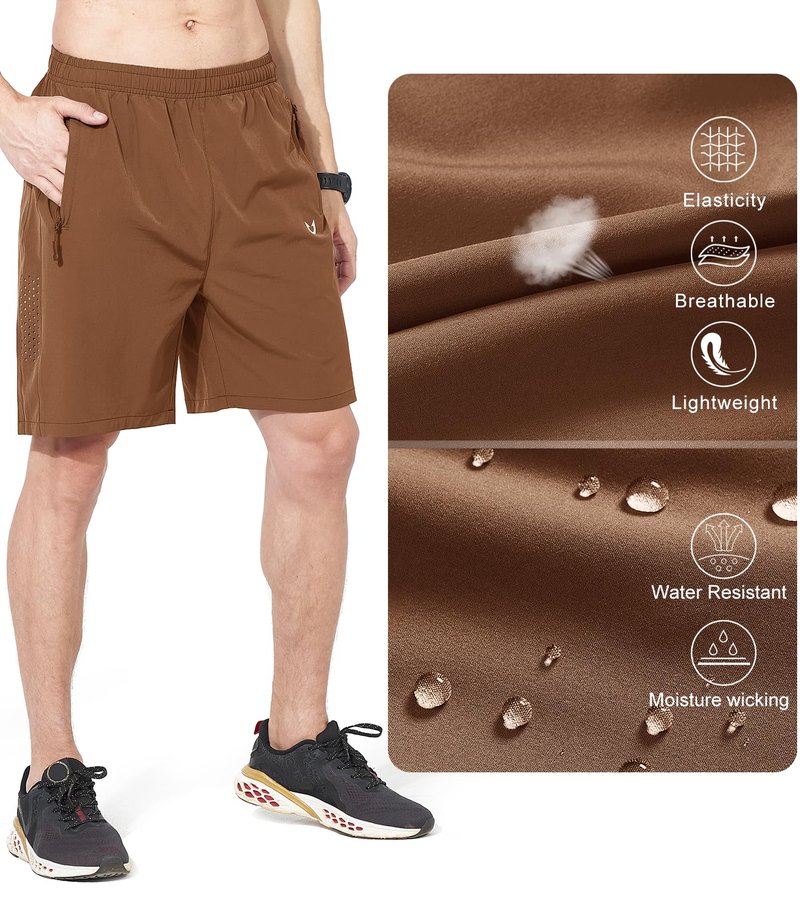NORTHYARD Men's Athletic Running Shorts Gym Workout 7"/9"/5" Quick Dry Lightweight Sports Basketball Tennis 3 Zipper Pockets Brown 4XL