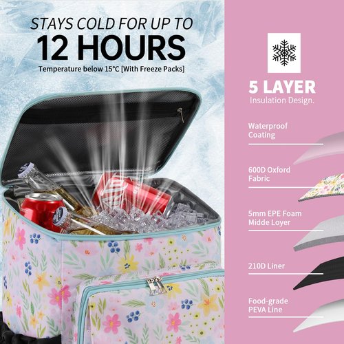DYSHAYEN Cooler Backpack,Lightweight Backpack Cooler Insulated Leak Proof,30 Cans Soft Cooler Bag for Beach,Camping,Beach,Picnic,Lunch(Flower)