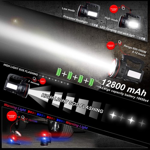 BIGSUN Spotlight Flashlight, 12800 mAh Rechargeable Flashlights High Lumens, Bright Flashlight, Outdoor Waterproof Camping Search Light Tactical Torch for Emergency, Boat, Hunting (Expolrar 2)