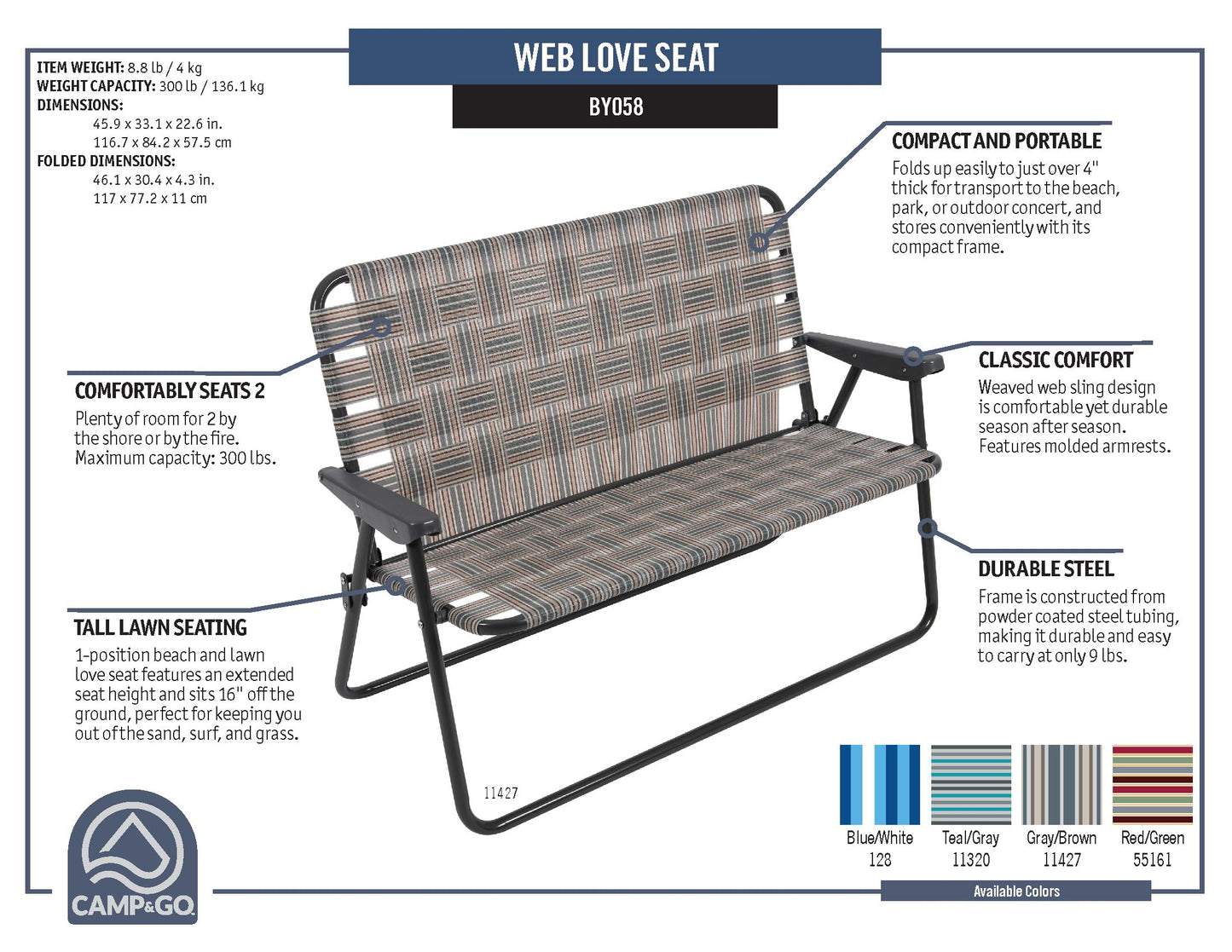 CAMP & GO 16.5" High Seat Outdoor Double Wide Loveseat Web Folding Chair, Blue/Red