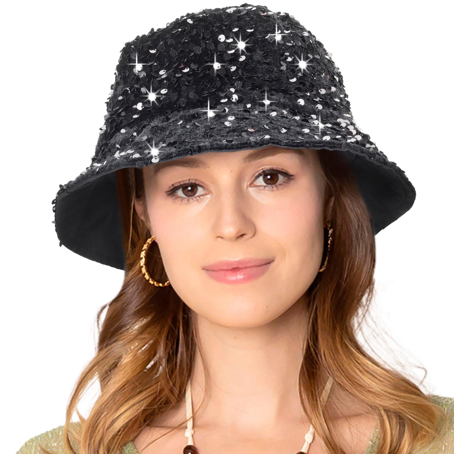 Womens Sequin Bucket Hat Beach Sun Hats for Party, Girls Teens Shiny Glitter Sequin Sun Cap for Travel Black