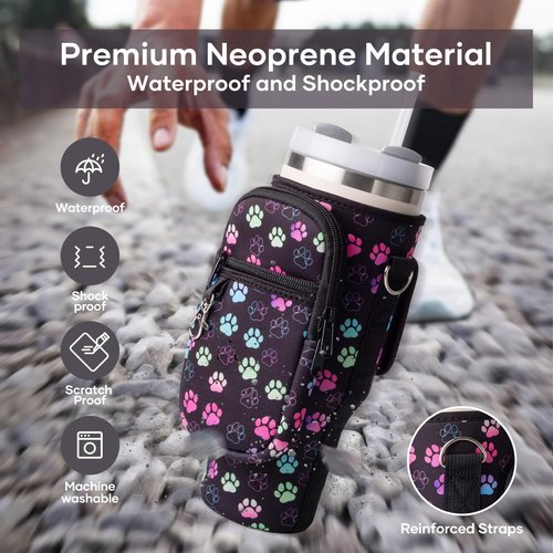 linmaya Water Bottle Carrier Bag with Phone Pocket for Stanley Cup 40/30oz,Insulated Neoprene Water Bottle Holder Cross-Body Carrier Bag with Adjustable Shoulder & Handheld Strap (Black Paw, 30oz)