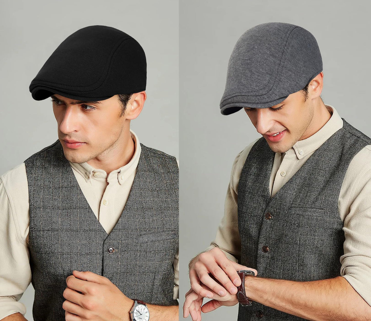 2 Pcs Mens Womens Black Dark Gray Newsboy Flat Cap Beret Hat Ivy Irish Gatsby Driving Cabbie Hat