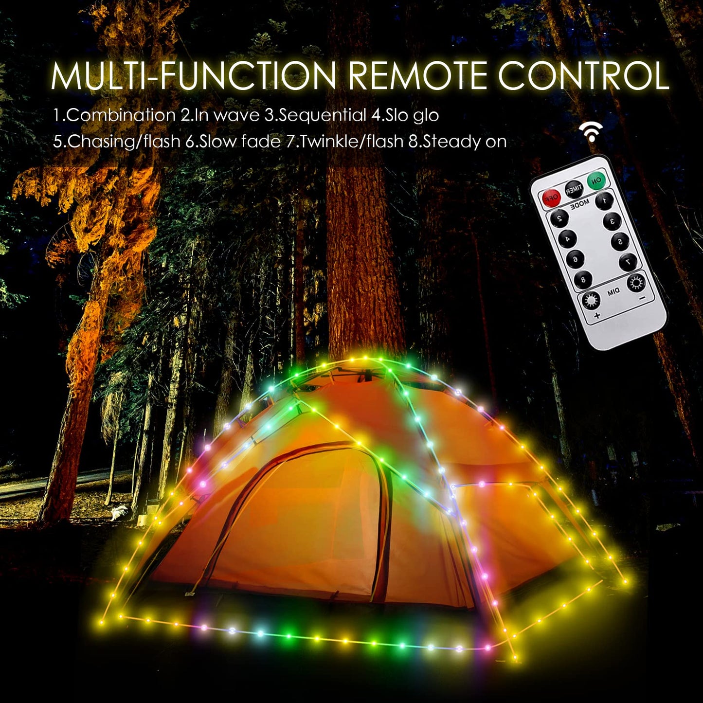 Camping Tent String Lights, 40Ft 120 LEDs 8 Modes Color Changing LED Rope Lights Battery Powered with Remote Control, Outdoor Waterproof LED Tent Light Great for Camping, Canopy, Hammock, Trampoline
