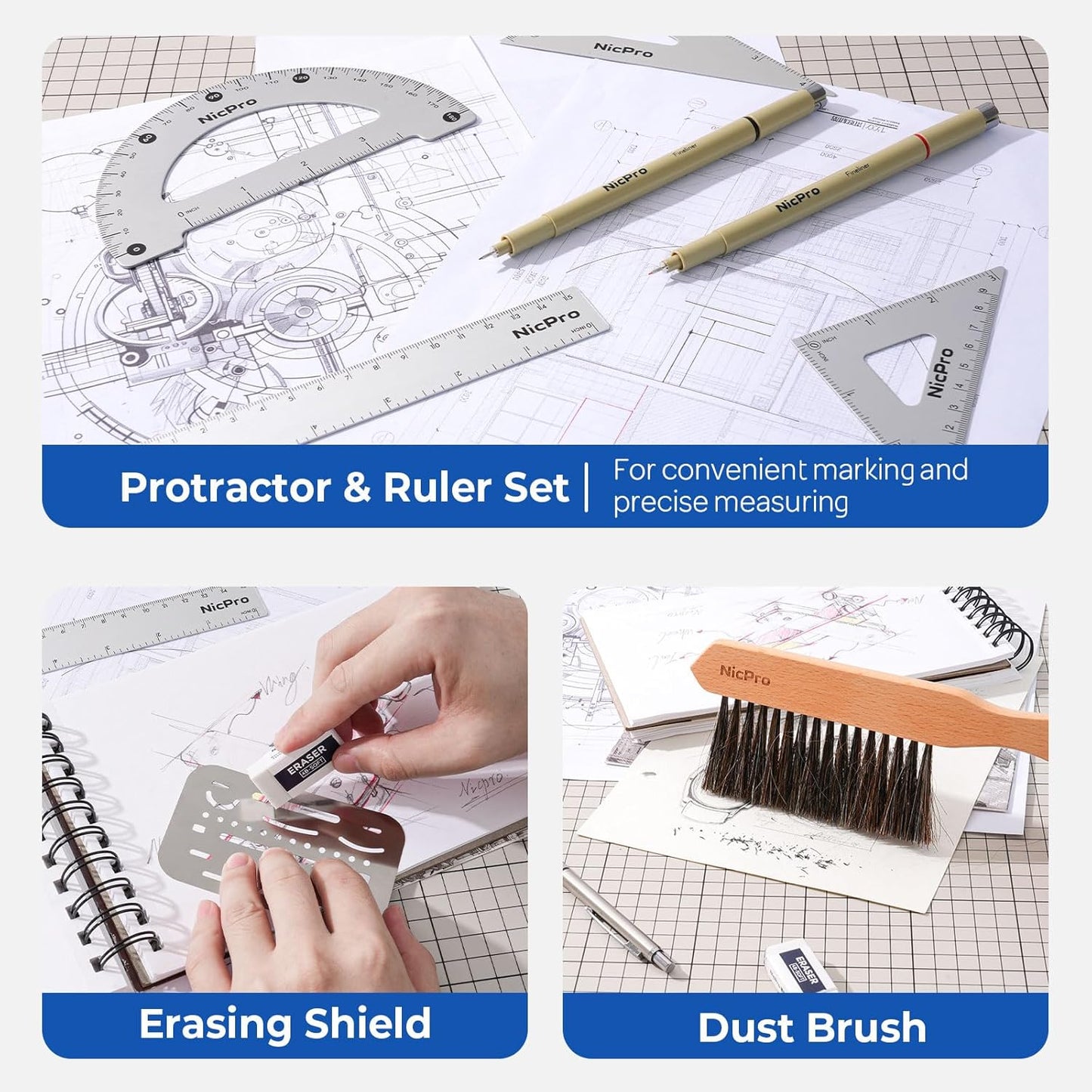 Nicpro 30PCS Professional Drafting Tools & Geometry Set with Case, Architect Protractor Set, Metal Mechanical Pencils, Pen, Scale Ruler Metal Ruler, 5 Drawing Templates for Interior Design House Plan